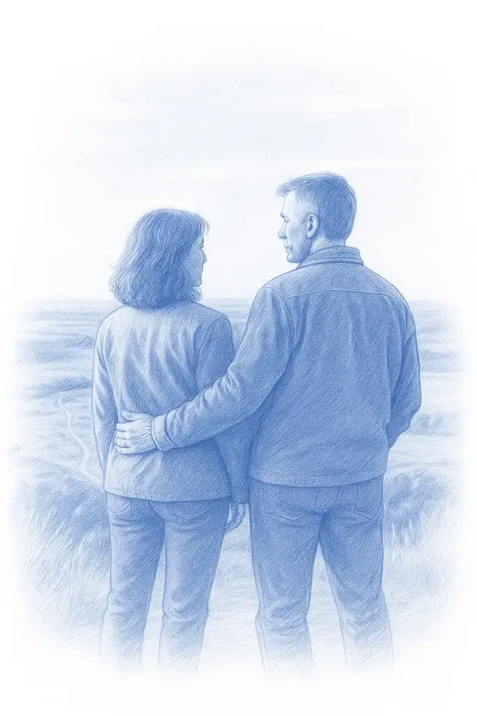 Sketch of a man and woman overlooking a valley.
